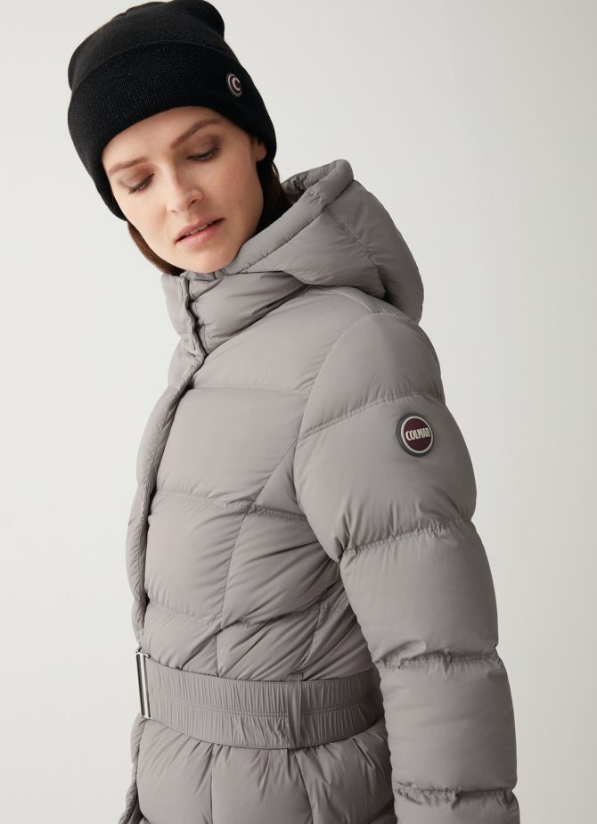 Long, stretch down jacket with belt - Image 2