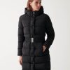 Long, stretch down jacket with belt