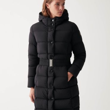 Long, stretch down jacket with belt