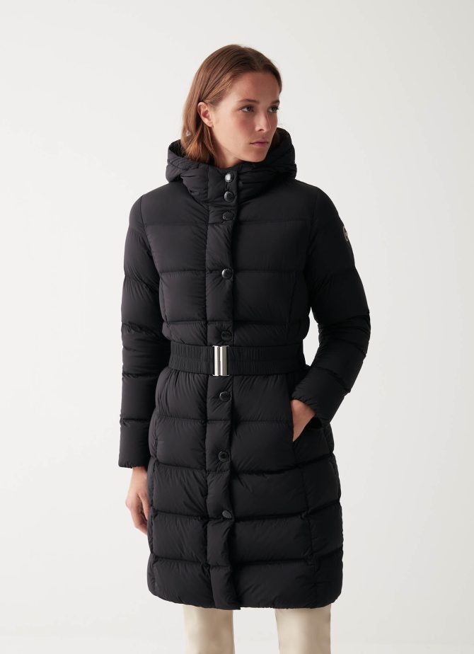 Long, stretch down jacket with belt