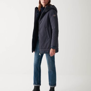 Satin down jacket with fixed hood