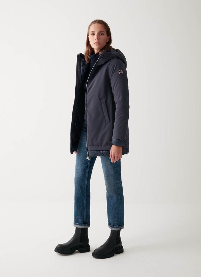 Satin down jacket with fixed hood