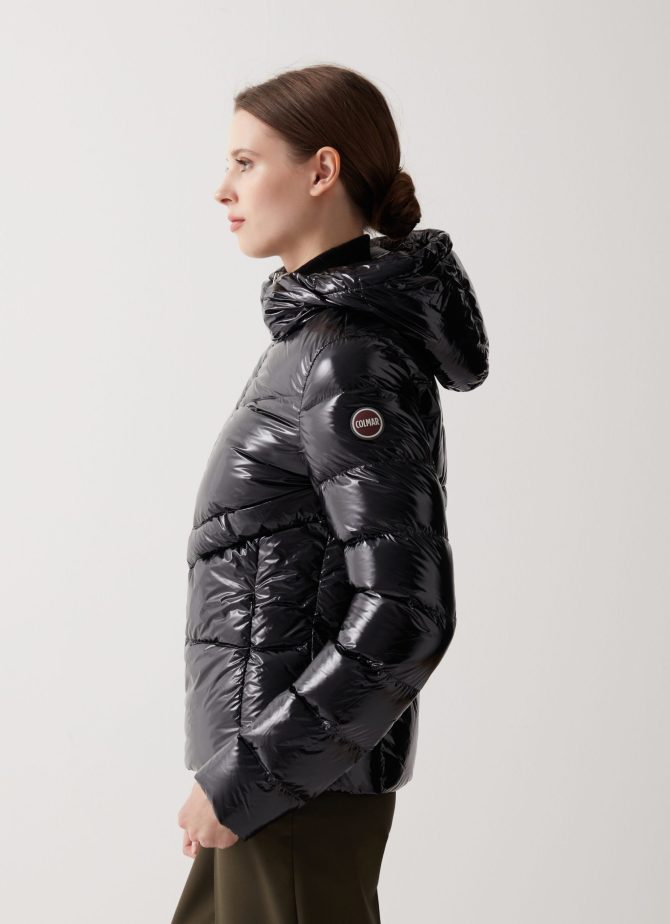 Down jacket with fixed hood in shiny fabric