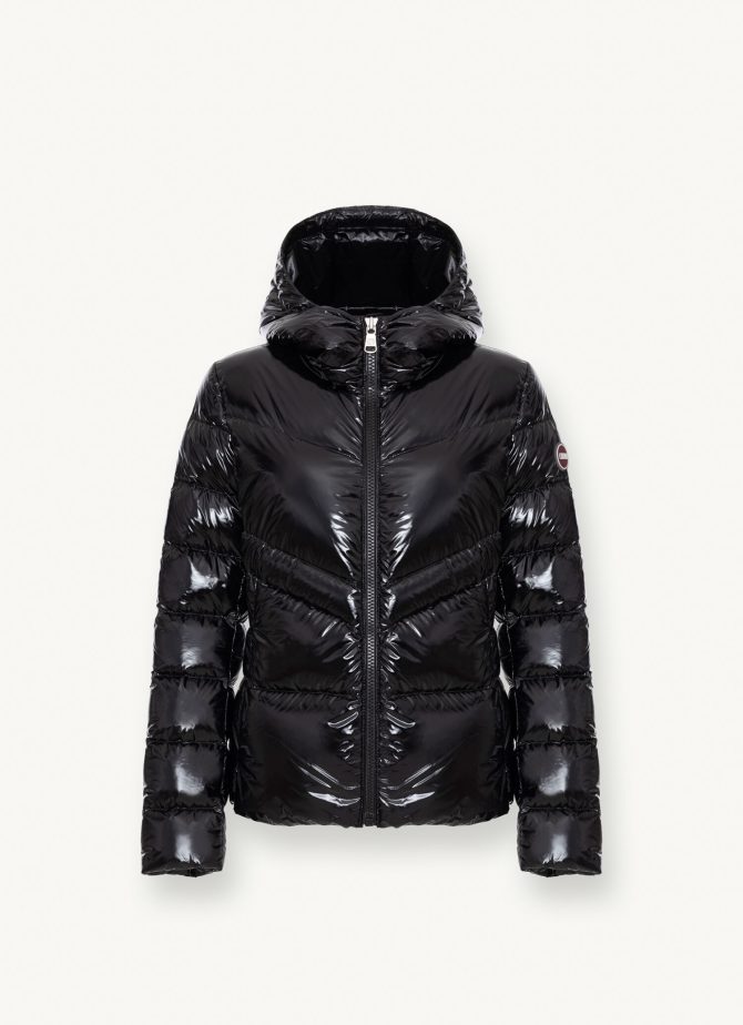 Down jacket with fixed hood in shiny fabric - Image 4