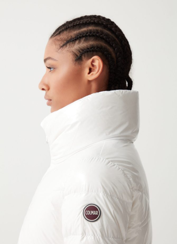 Down jacket with high collar in shiny fabric