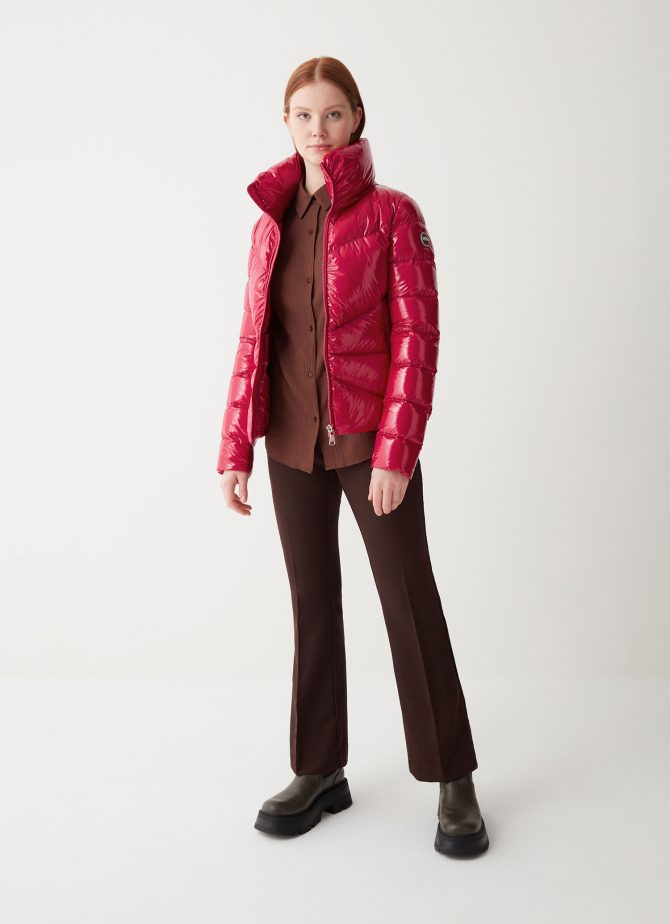 Down jacket with high collar in shiny fabric