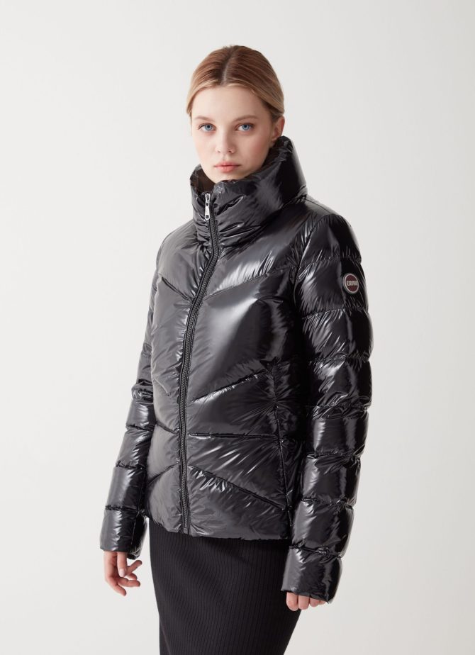 Down jacket with high collar in shiny fabric
