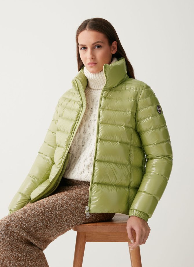 Down jacket with high collar and elasticated cuffs