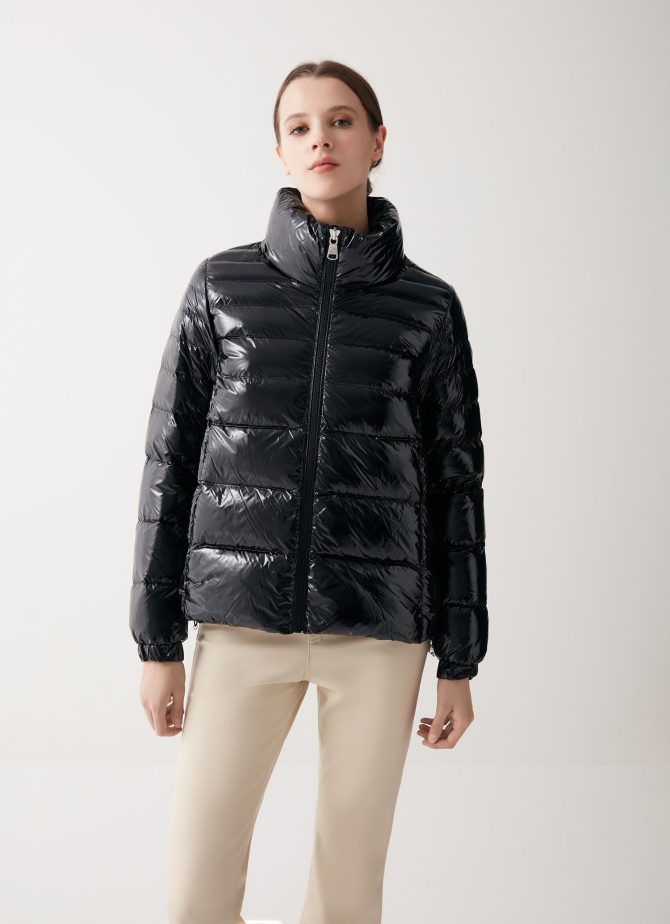 Down jacket with high collar and elasticated cuffs