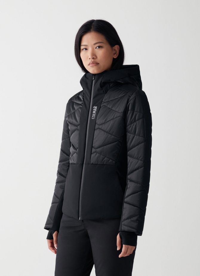 Satin ski jacket with fixed hood
