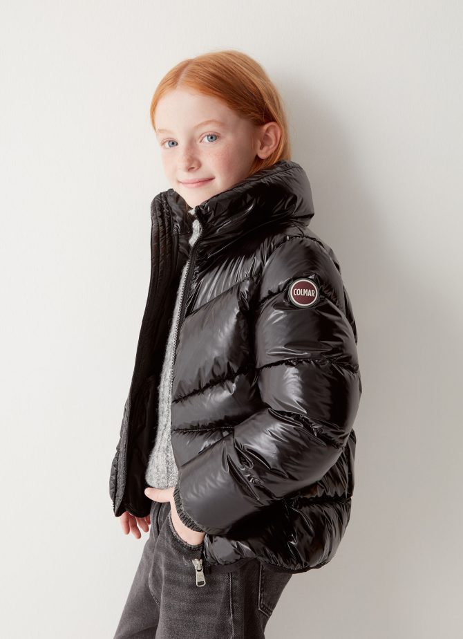Hooded down jacket in super shiny fabric