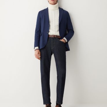 Polo-neck cable-knit pullover