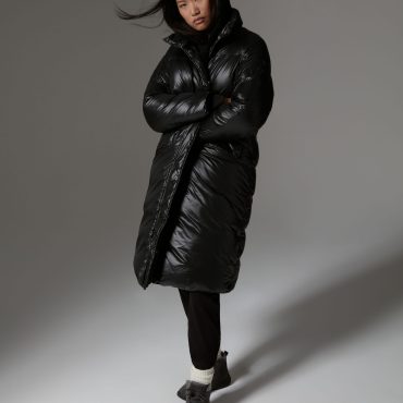 Down-padded iridescent fabric maxi-jacket