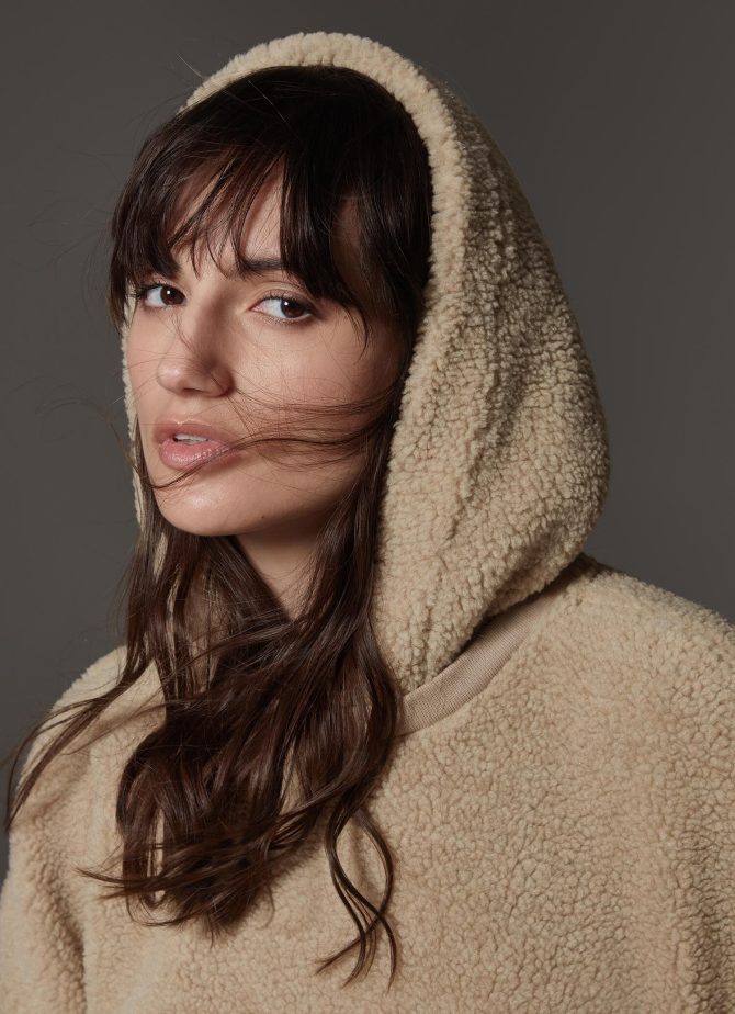 Long teddy fabric effect sweatshirt with hood