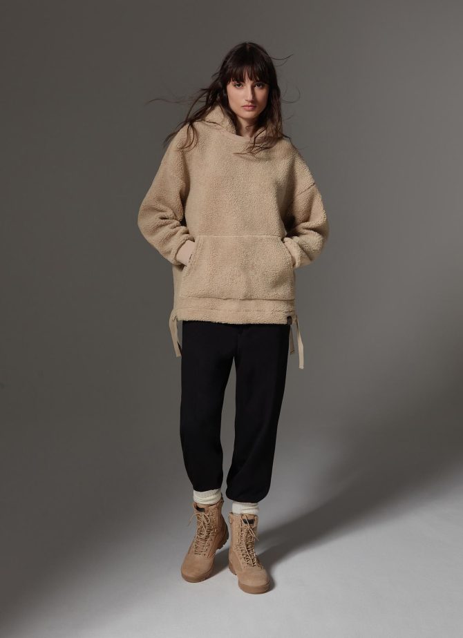 Long teddy fabric effect sweatshirt with hood - Image 2