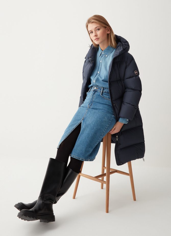 Full-length oversize quilted down jacket with internal drawstring