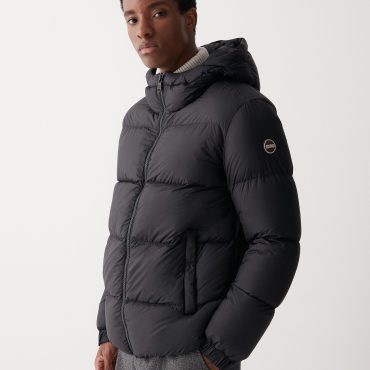 Puffy down jacket with fixed hood