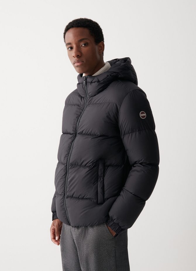 Puffy down jacket with fixed hood